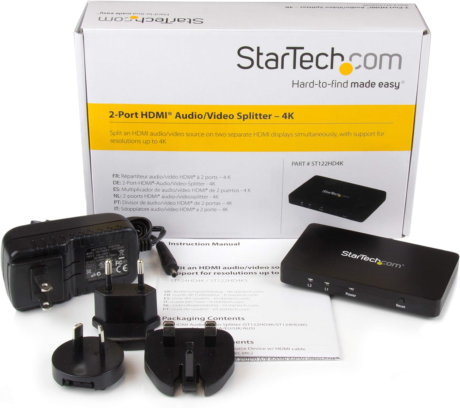 StarTech.com HDMI Splitter 1 In 2 Out - 4k 30Hz - 2 Port - Aluminum - HDMI Multi Port - HDMI Audio Splitter (ST122HD4K