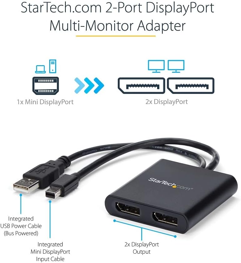 StarTech.com 2-Port Multi Monitor Adapter - Mini DisplayPort to 2x DisplayPort MST Hub - Dual 4K 30Hz - Video Splitter for Extended Desktop Mode on Windows PCs Only - mDP 1.2 to 2x DP (MSTMDP122DP