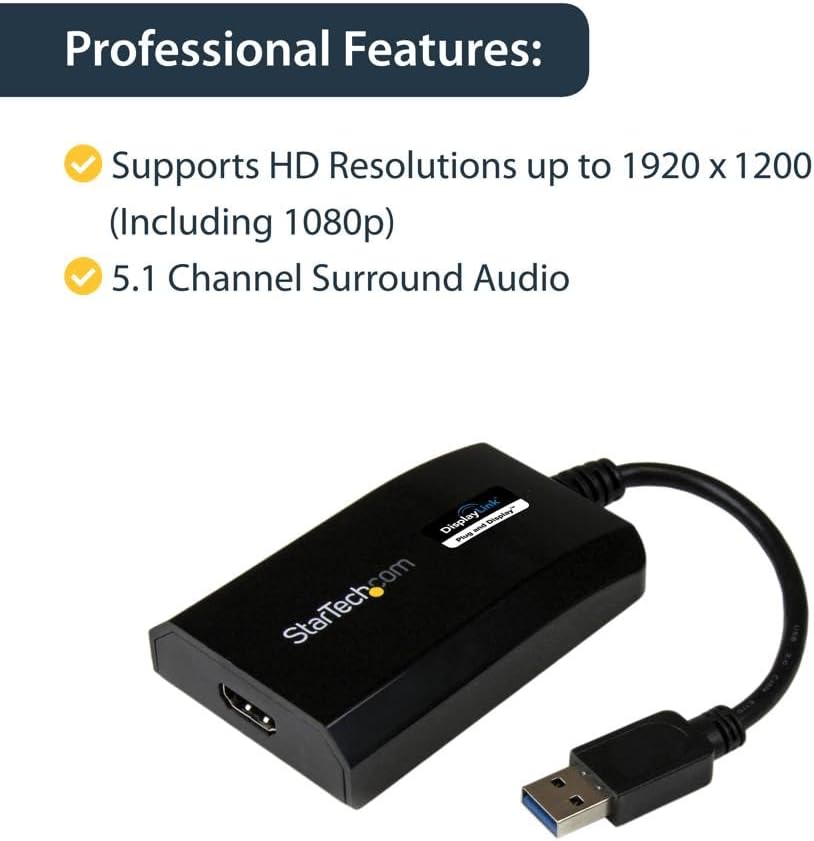 StarTech.com USB 3.0 to HDMI Adapter - DisplayLink Certified - 1080p (1920x1200) - USB Type-A to HDMI Display Adapter Converter for Monitor - External Video & Graphics Card - Windows/Mac (USB32HDPRO