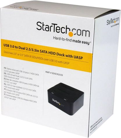 StarTech.com Dual-Bay USB 3.0 to SATA Hard Drive Docking Station, USB Hard Drive Dock, External 2.5/3.5" SATA I/II/III, SSD/HDD Docking Station, Hot-Swap Hard Drive Bay, Top-Loading (SDOCK2U33