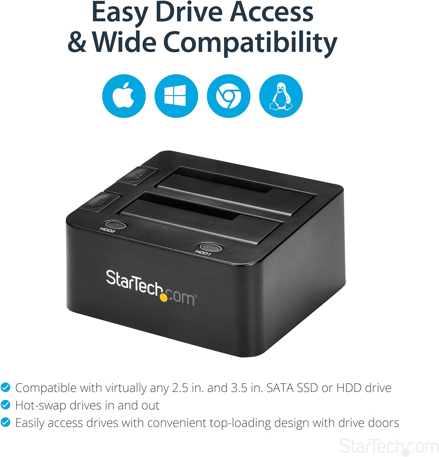 StarTech.com Dual-Bay USB 3.0 to SATA Hard Drive Docking Station, USB Hard Drive Dock, External 2.5/3.5" SATA I/II/III, SSD/HDD Docking Station, Hot-Swap Hard Drive Bay, Top-Loading (SDOCK2U33