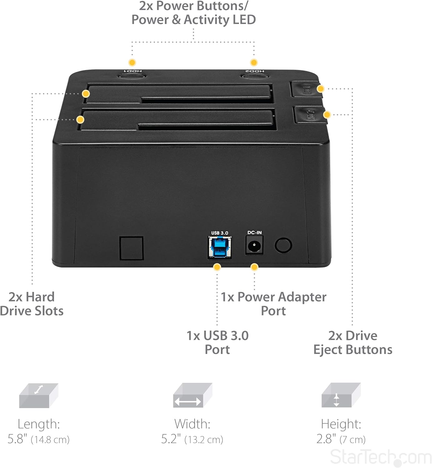 StarTech.com Dual-Bay USB 3.0 to SATA Hard Drive Docking Station, USB Hard Drive Dock, External 2.5/3.5" SATA I/II/III, SSD/HDD Docking Station, Hot-Swap Hard Drive Bay, Top-Loading (SDOCK2U33