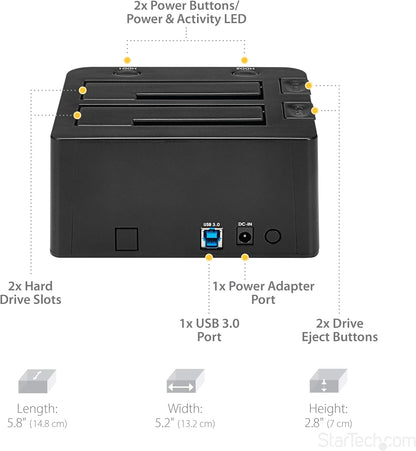 StarTech.com Dual-Bay USB 3.0 to SATA Hard Drive Docking Station, USB Hard Drive Dock, External 2.5/3.5" SATA I/II/III, SSD/HDD Docking Station, Hot-Swap Hard Drive Bay, Top-Loading (SDOCK2U33
