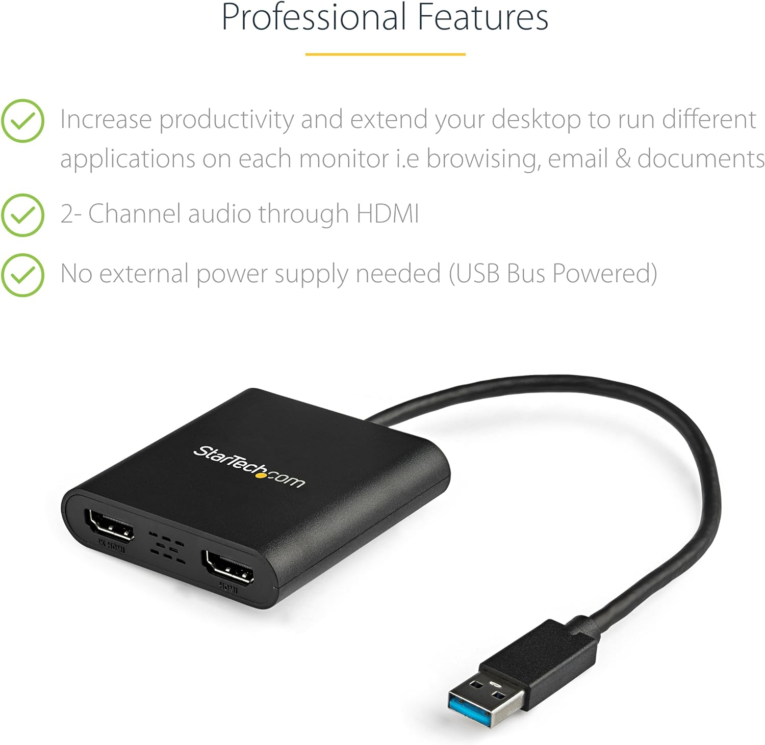 StarTech.com USB 3.0 to Dual HDMI Adapter - 1x 4K 30Hz & 1x 1080p - External Video & Graphics Card - USB Type-A to HDMI Dual Monitor Display Adapter - Supports Windows Only - Black (USB32HD2