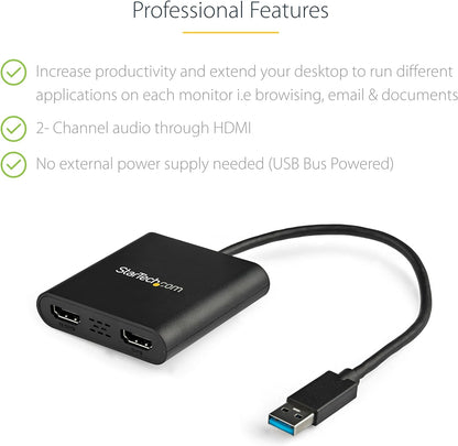 StarTech.com USB 3.0 to Dual HDMI Adapter - 1x 4K 30Hz & 1x 1080p - External Video & Graphics Card - USB Type-A to HDMI Dual Monitor Display Adapter - Supports Windows Only - Black (USB32HD2