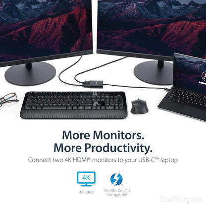 StarTech.com USB-C to Dual HDMI Adapter, USB Type-C Multi-Monitor MST Hub, Dual 4K 30Hz/1080p 60Hz HDMI Laptop Display Extender/Splitter, Extra-Long Built-In Cable, Windows Only (MSTCDP122HD