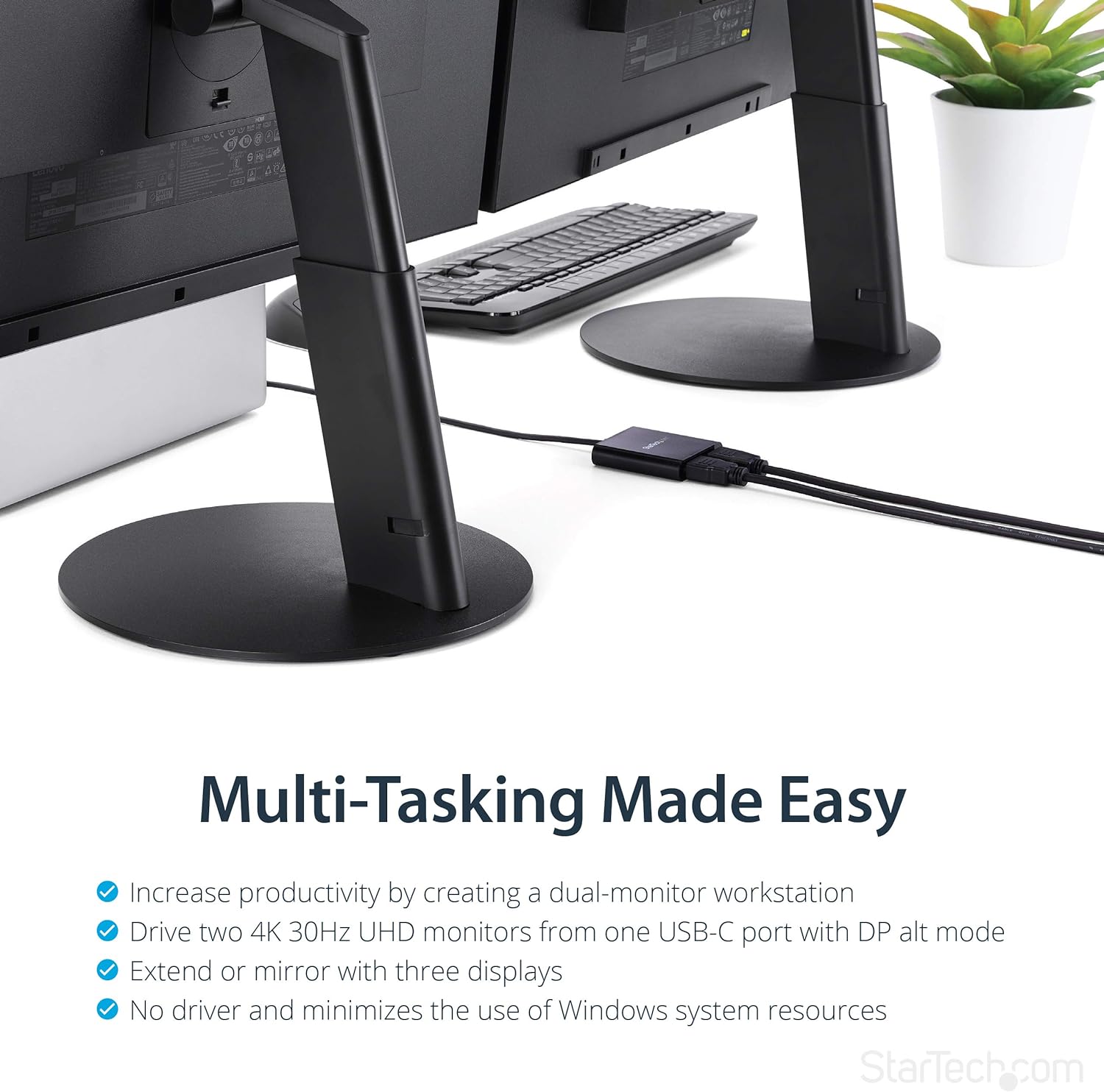 StarTech.com USB-C to Dual HDMI Adapter, USB Type-C Multi-Monitor MST Hub, Dual 4K 30Hz/1080p 60Hz HDMI Laptop Display Extender/Splitter, Extra-Long Built-In Cable, Windows Only (MSTCDP122HD