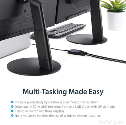 StarTech.com USB-C to Dual HDMI Adapter, USB Type-C Multi-Monitor MST Hub, Dual 4K 30Hz/1080p 60Hz HDMI Laptop Display Extender/Splitter, Extra-Long Built-In Cable, Windows Only (MSTCDP122HD