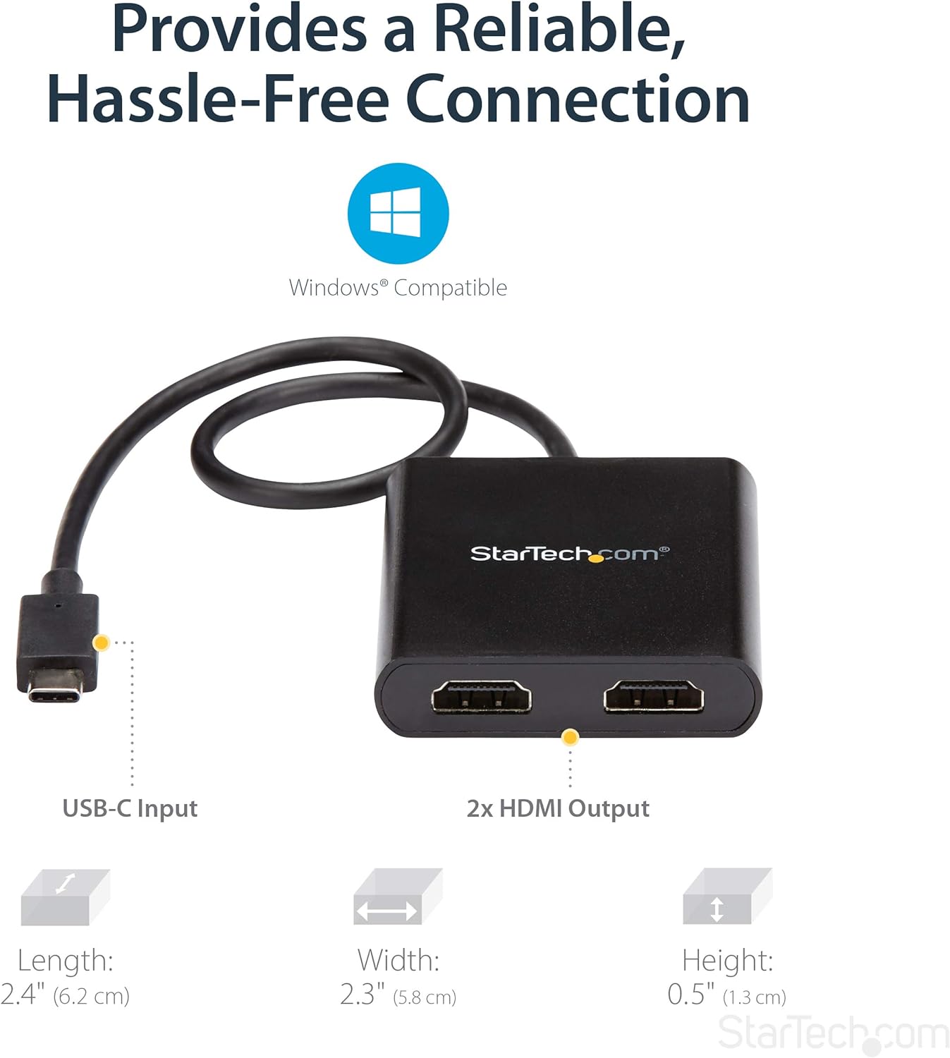 StarTech.com USB-C to Dual HDMI Adapter, USB Type-C Multi-Monitor MST Hub, Dual 4K 30Hz/1080p 60Hz HDMI Laptop Display Extender/Splitter, Extra-Long Built-In Cable, Windows Only (MSTCDP122HD