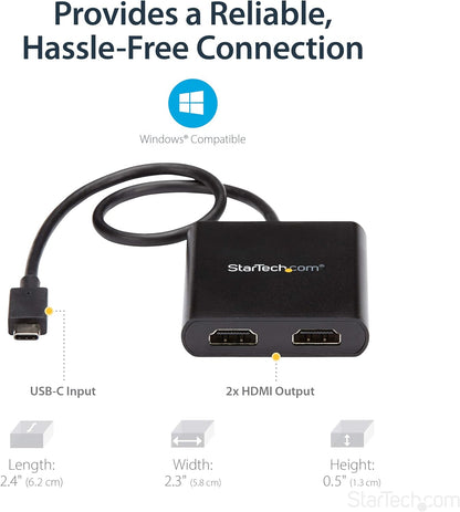 StarTech.com USB-C to Dual HDMI Adapter, USB Type-C Multi-Monitor MST Hub, Dual 4K 30Hz/1080p 60Hz HDMI Laptop Display Extender/Splitter, Extra-Long Built-In Cable, Windows Only (MSTCDP122HD