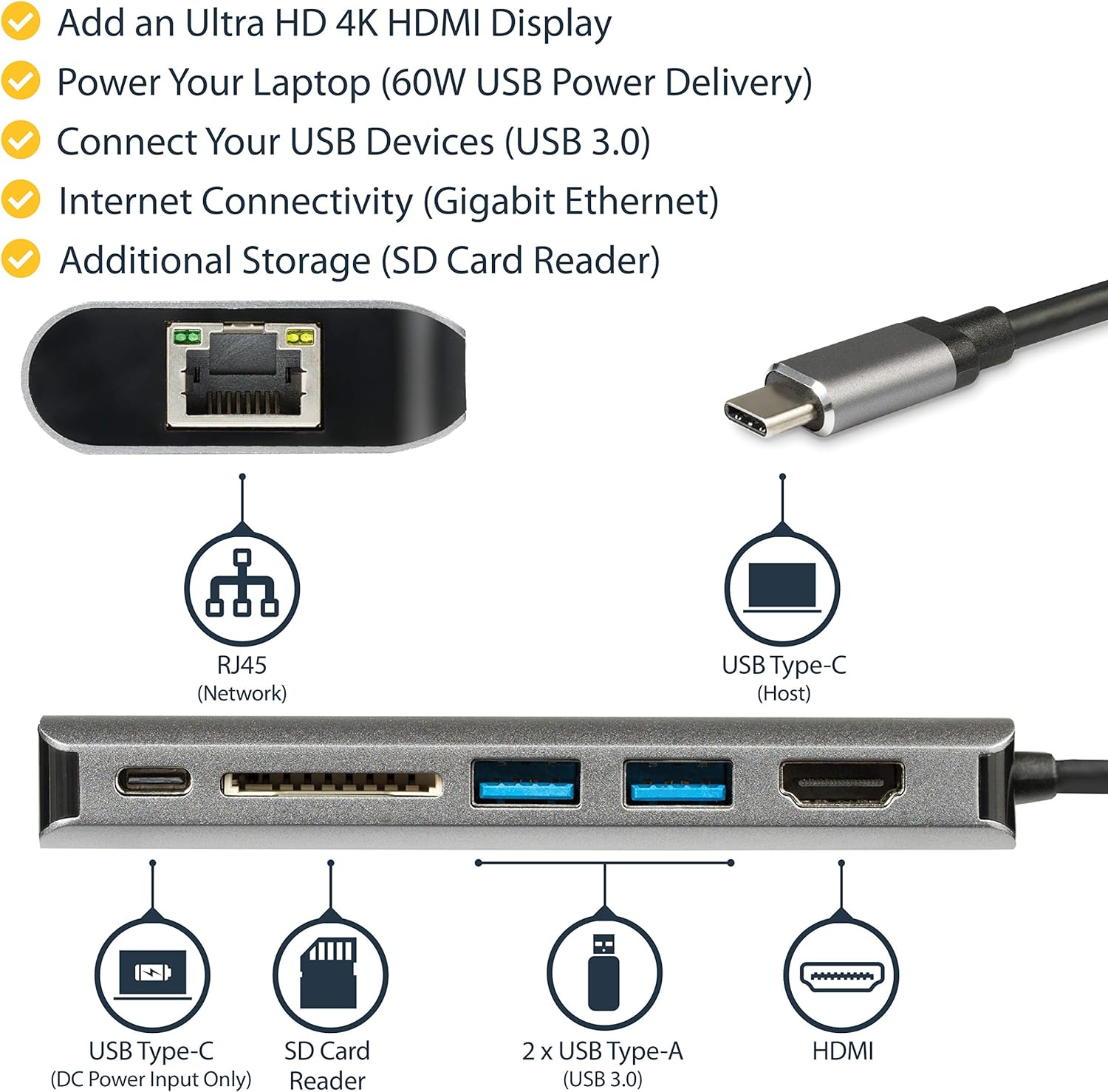 StarTech.com USB C Multiport Adapter, Portable USB-C Dock to 4K HDMI, 2-pt USB 3.0 Hub, SD/SDHC, GbE, 60W PD Pass-Through - USB Type-C/Thunderbolt 3 - REPLACED BY DKT30CSDHPD3 (DKT30CSDHPD
