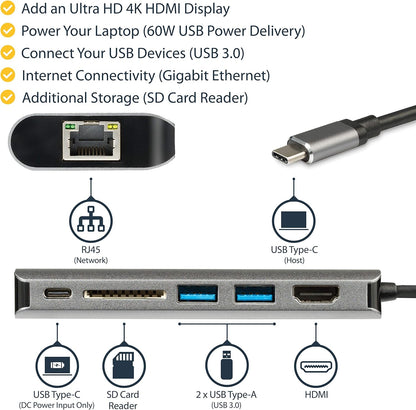 StarTech.com USB C Multiport Adapter, Portable USB-C Dock to 4K HDMI, 2-pt USB 3.0 Hub, SD/SDHC, GbE, 60W PD Pass-Through - USB Type-C/Thunderbolt 3 - REPLACED BY DKT30CSDHPD3 (DKT30CSDHPD
