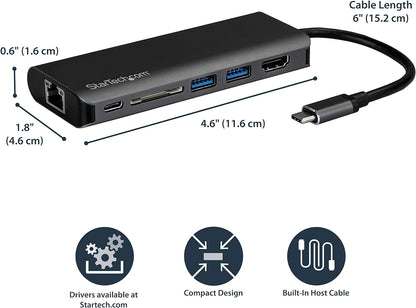 StarTech.com USB C Multiport Adapter, Portable USB-C Dock to 4K HDMI, 2-pt USB 3.0 Hub, SD/SDHC, GbE, 60W PD Pass-Through - USB Type-C/Thunderbolt 3 - REPLACED BY DKT30CSDHPD3 (DKT30CSDHPD