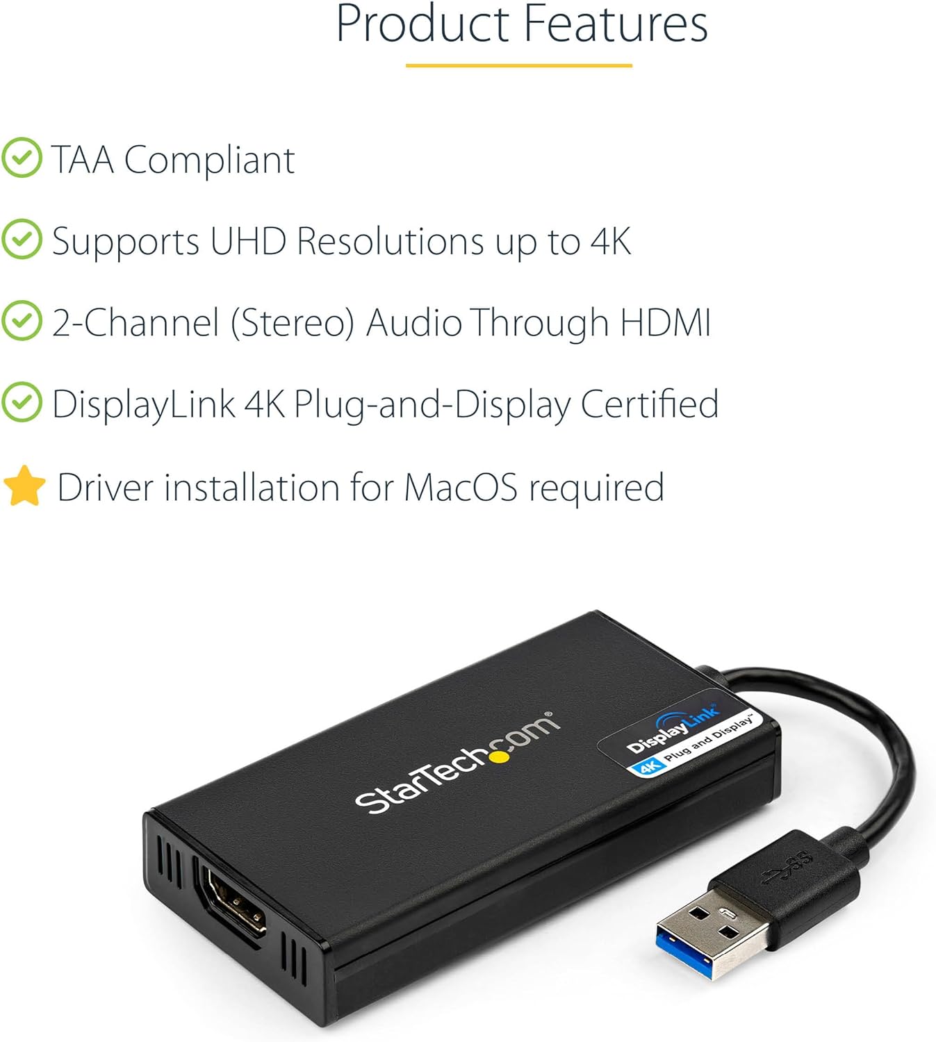 StarTech.com USB 3.0 to HDMI Adapter - 4K 30Hz Ultra HD - DisplayLink Certified - USB Type-A to HDMI Display Adapter Converter for Monitor - External Video & Graphics Card - Mac & Windows (USB32HD4K