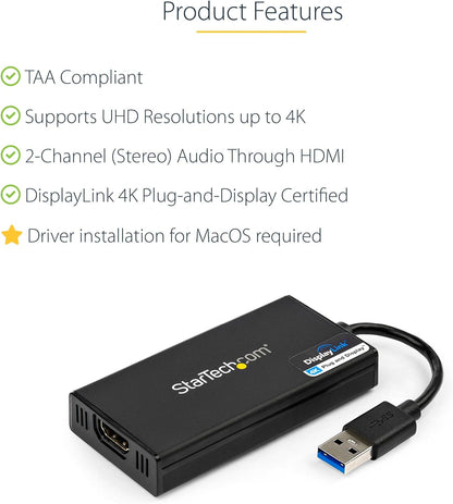 StarTech.com USB 3.0 to HDMI Adapter - 4K 30Hz Ultra HD - DisplayLink Certified - USB Type-A to HDMI Display Adapter Converter for Monitor - External Video & Graphics Card - Mac & Windows (USB32HD4K