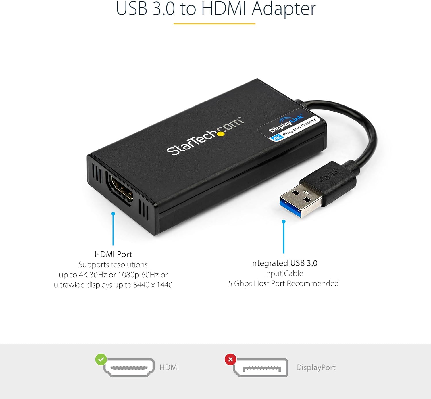 StarTech.com USB 3.0 to HDMI Adapter - 4K 30Hz Ultra HD - DisplayLink Certified - USB Type-A to HDMI Display Adapter Converter for Monitor - External Video & Graphics Card - Mac & Windows (USB32HD4K