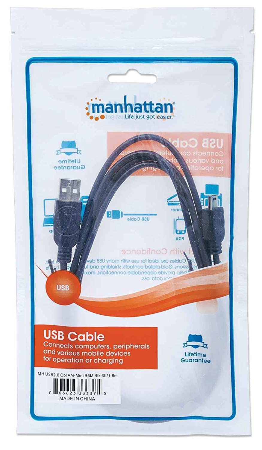 Manhattan 6-Feet Hi-Speed USB Device Cable A Male/Mini-B Male, Black (333375