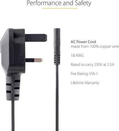StarTech.com 3ft (1m) UK Laptop Power Cable, BS 1363 to C7, 2.5A 250V, 18AWG, Black, AC Laptop Replacement Cord, Printer Cable, UK Laptop Charger Cord, Laptop Power Brick Cord (PXTNB2SUK1M