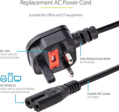 StarTech.com 3ft (1m) UK Laptop Power Cable, BS 1363 to C7, 2.5A 250V, 18AWG, Black, AC Laptop Replacement Cord, Printer Cable, UK Laptop Charger Cord, Laptop Power Brick Cord (PXTNB2SUK1M