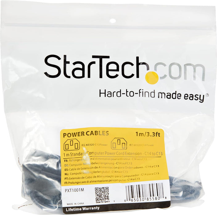StarTech.com 1m (3ft) Power Extension Cord, C14 to C13, 10A 125V, 18AWG, Computer Power Cord Extension, IEC-320-C14 to IEC-320-C13 AC Power Cable Extension for Power Supply, UL Listed (PXT1001M