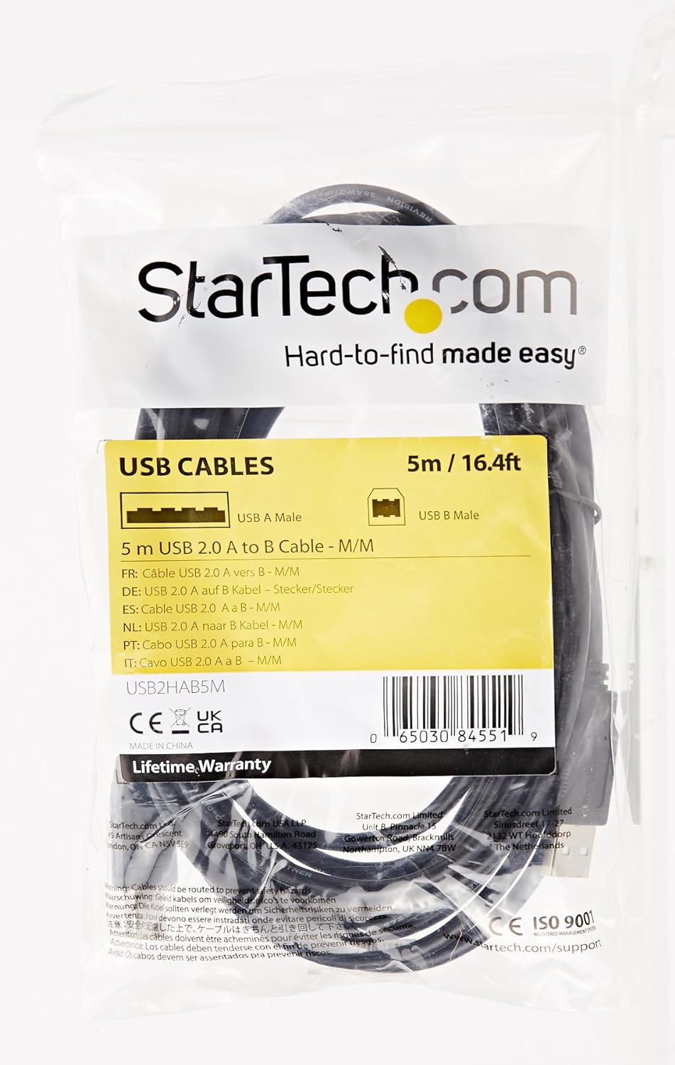 StarTech.com Cable USB de 5m para Impresora - 1x USB A Macho - 1x USB B Macho - Adaptador Negro