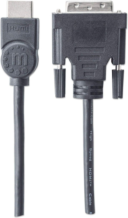 Manhattan HDMI to DVI-D 24+1 Cable, 1.8m, Male to Male, Black, Dual Link, Compatible with DVD-D, Lifetime Warranty, Polybag