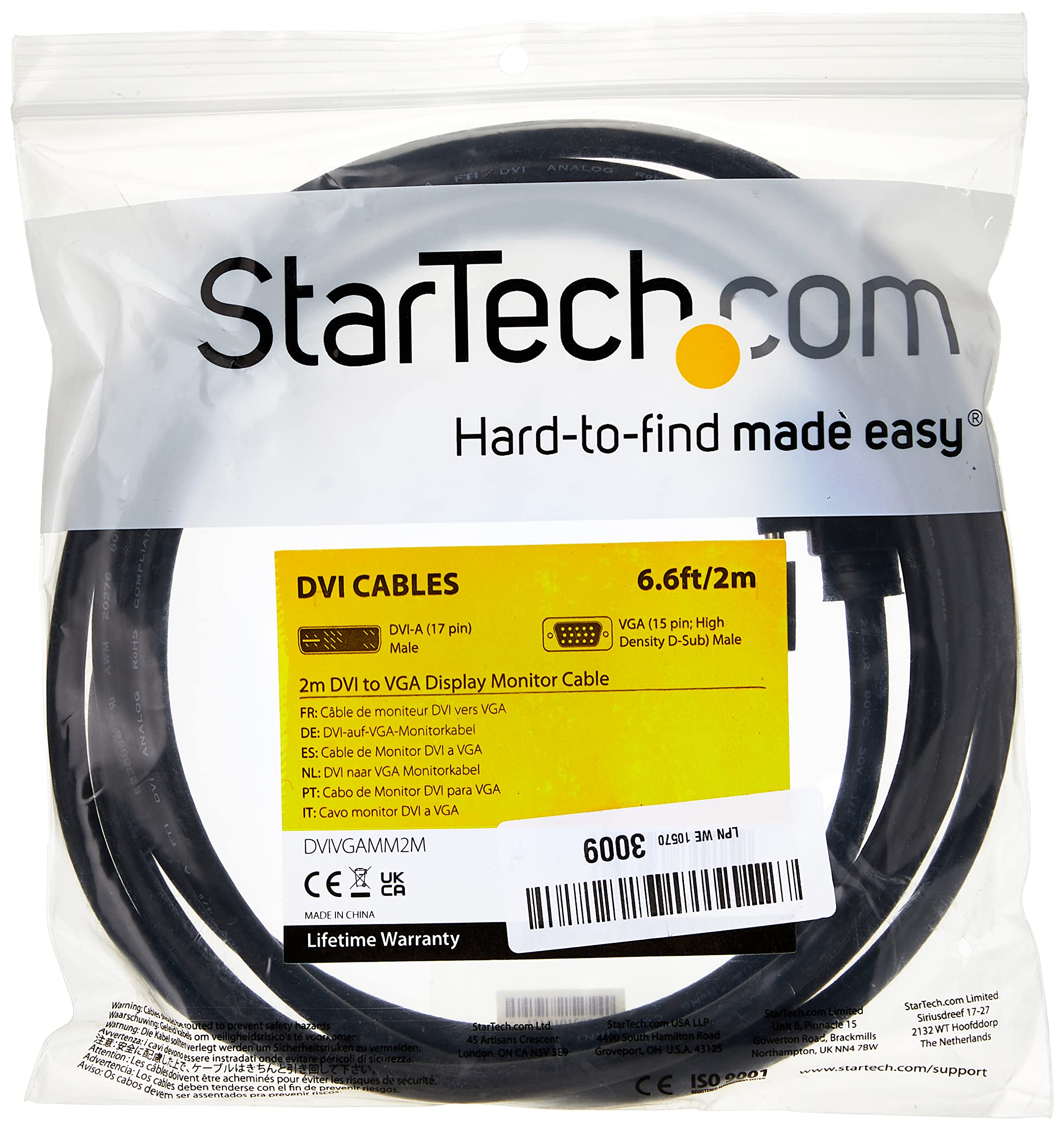 StarTech.com 2m DVI to VGA Display Monitor Cable - DVI to VGA (15 Pin) - 2 Meter DVI-A to VGA Analog Video Cable Male to Male (DVIVGAMM2M