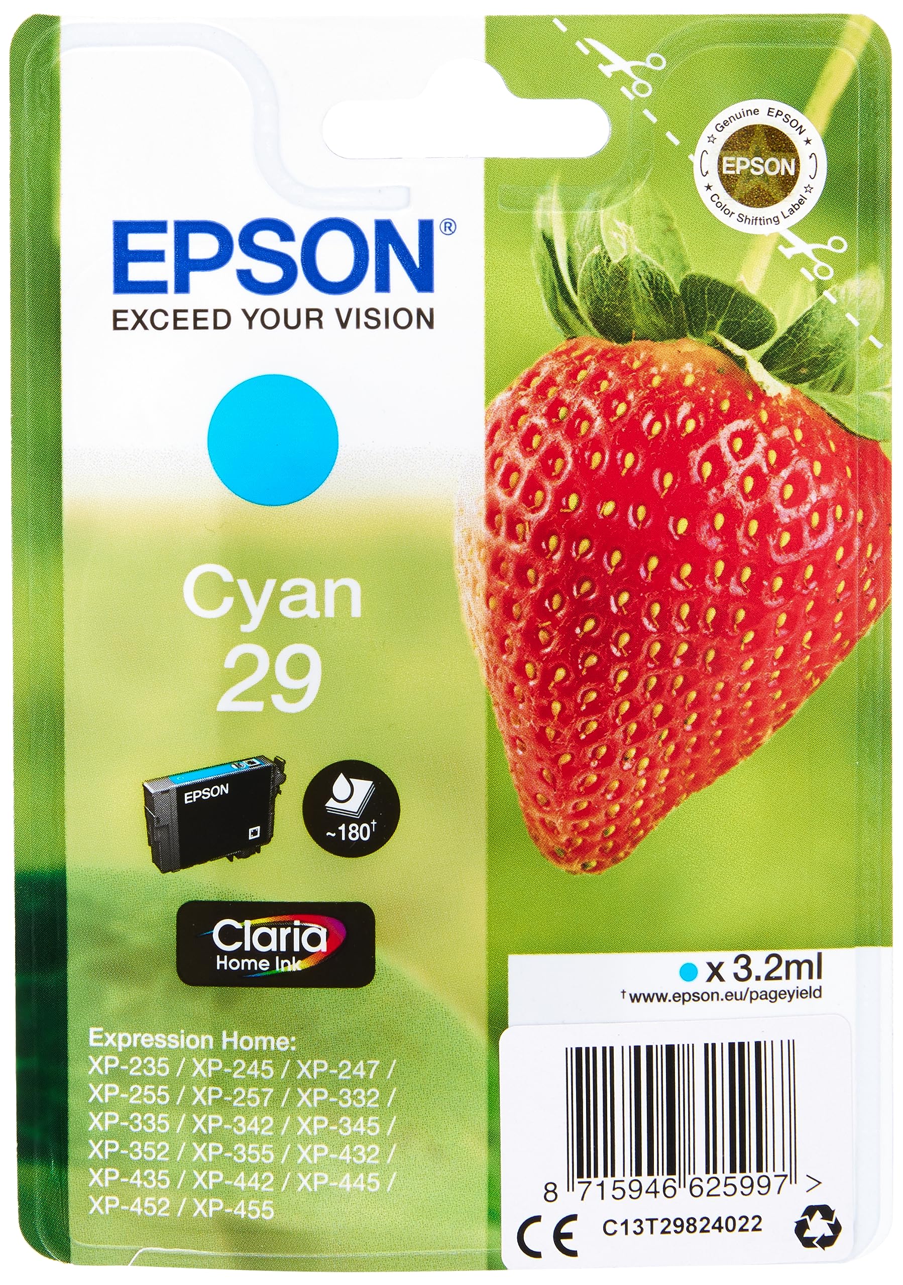 EPSON Strawberry Ink Cartridge for Expression Home XP-445 Series - Cyan & 29 Magenta Strawberry Genuine, Claria Home Ink