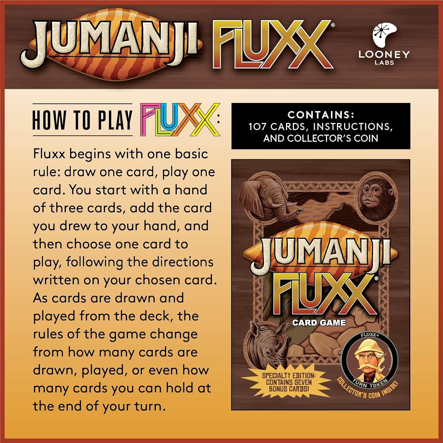 LOONEY LABS Jumanji Fluxx Card Game - Best Jumanji Game Fun Family Games for Kids and Adults Deluxe Card Games Jumanji Board Game Party Games Kid Teens Adult 2-6 Player Games Ages 8+ Specialty Edition