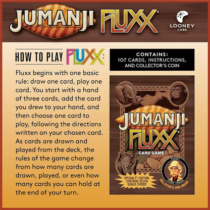 LOONEY LABS Jumanji Fluxx Card Game - Best Jumanji Game Fun Family Games for Kids and Adults Deluxe Card Games Jumanji Board Game Party Games Kid Teens Adult 2-6 Player Games Ages 8+ Specialty Edition