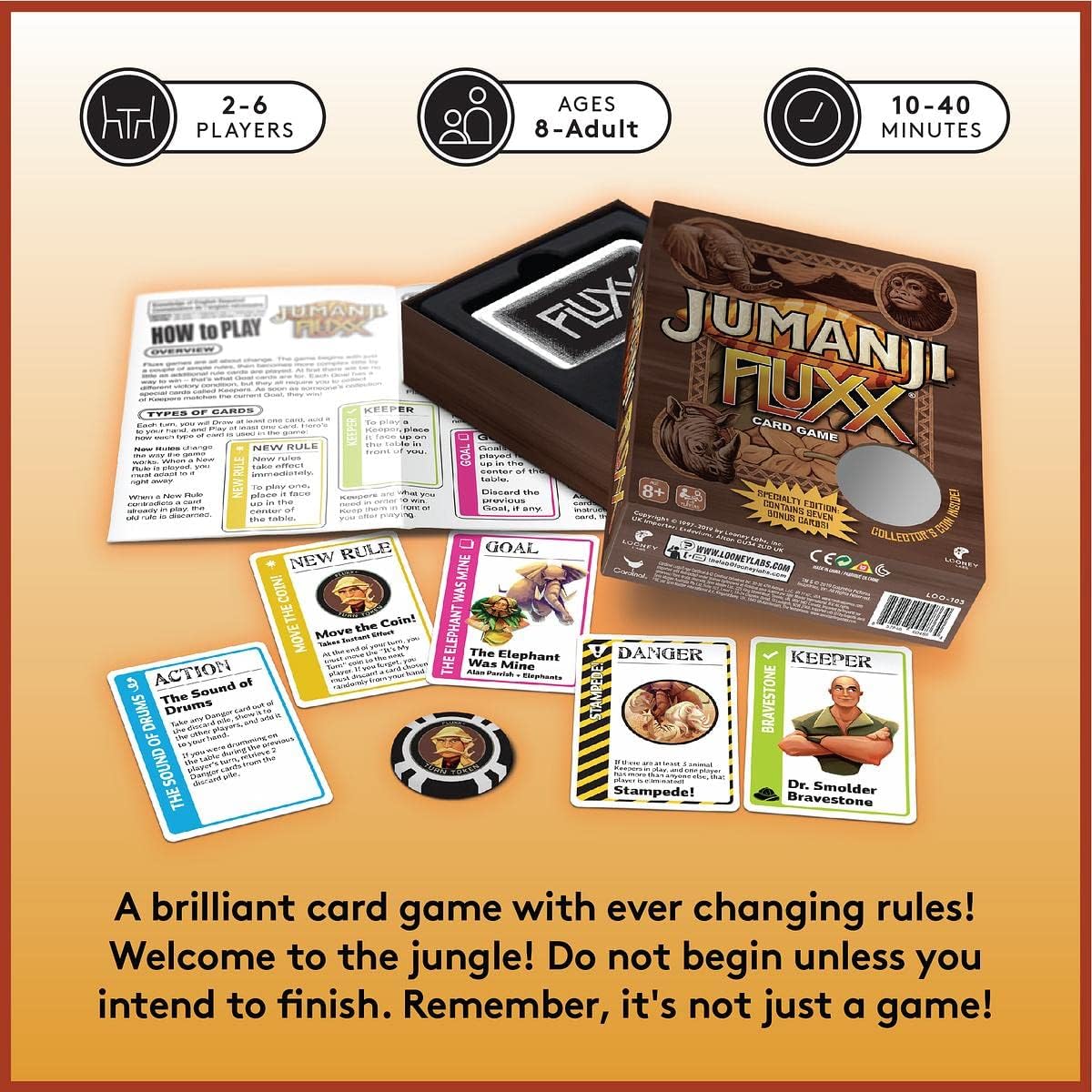 LOONEY LABS Jumanji Fluxx Card Game - Best Jumanji Game Fun Family Games for Kids and Adults Deluxe Card Games Jumanji Board Game Party Games Kid Teens Adult 2-6 Player Games Ages 8+ Specialty Edition