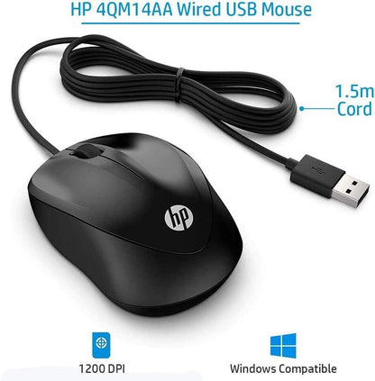 HP 1000 - Ratón con Cable (1200 PPP, 2 Botones y Rueda de Desplazamiento, 1,5 m de Cable, ConexiónUSB, Windows), Color Negro