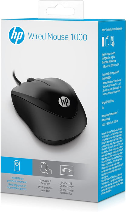 HP 1000 - Ratón con Cable (1200 PPP, 2 Botones y Rueda de Desplazamiento, 1,5 m de Cable, ConexiónUSB, Windows), Color Negro