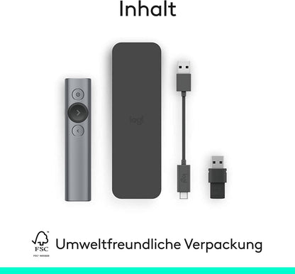 Logitech Spotlight Wireless Presentation Remote, 2.4 GHz and Bluetooth, USB-Receiver, Digital Laser Pointer, 30-Meter Operating Range, Dual Connectivity, Timer, PC/Mac/Android/iOS