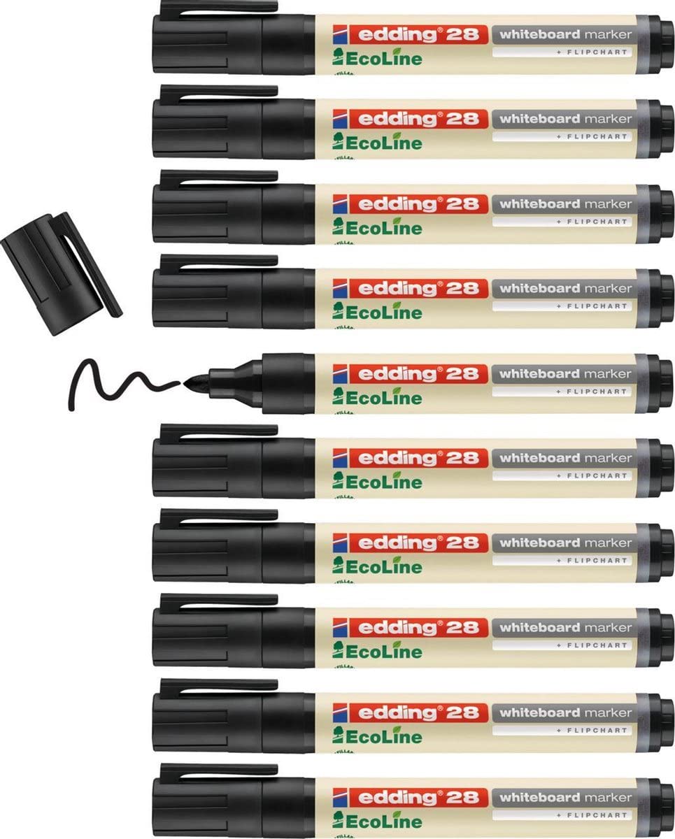 edding 28 Ecoline whiteboard marker - black - box of 10 whiteboard pens - round tip 1.5-3 mm - whiteboard pen dry wipe - for whiteboards, flipcharts, pinboards, memo boards - sketchnotes - refillable