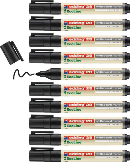 edding 28 Ecoline whiteboard marker - black - box of 10 whiteboard pens - round tip 1.5-3 mm - whiteboard pen dry wipe - for whiteboards, flipcharts, pinboards, memo boards - sketchnotes - refillable
