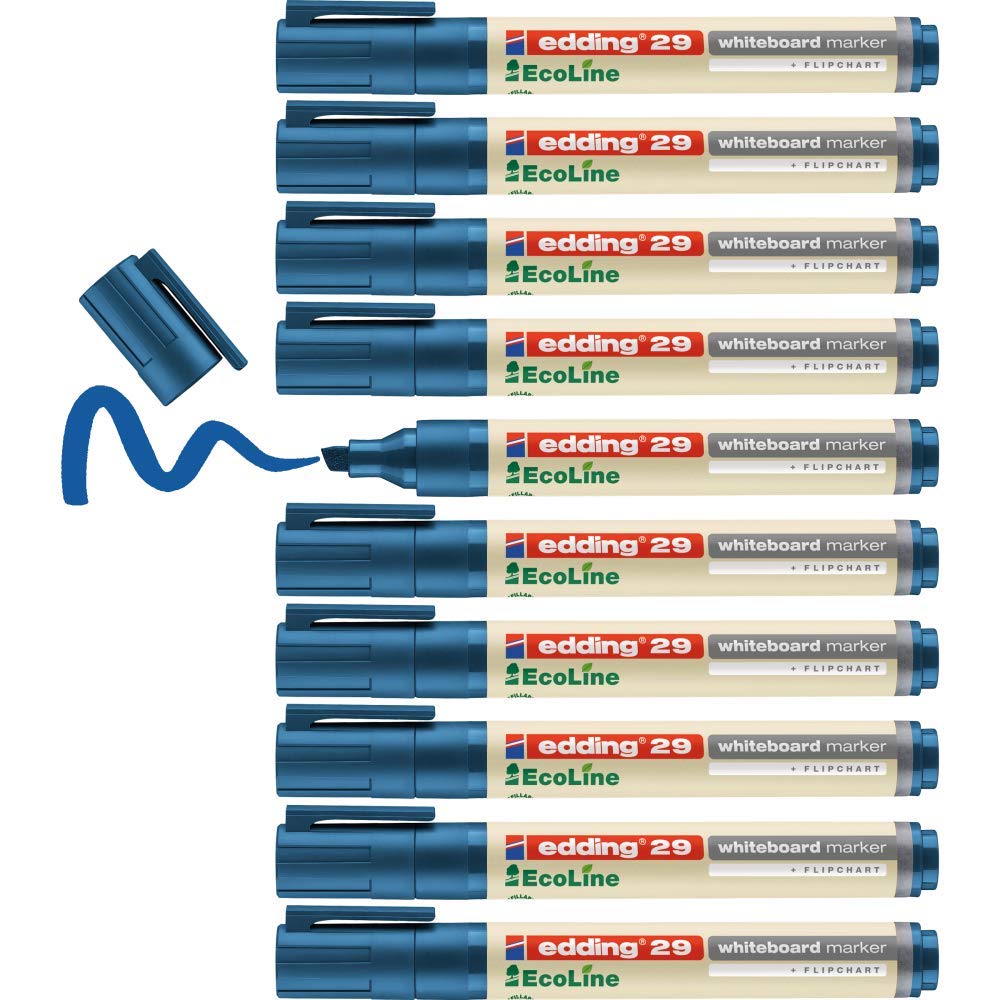 edding 29 Ecoline whiteboard marker - blue - box of 10 whiteboard pens - chisel tip 1-5 mm - whiteboard pen dry wipe - for whiteboards, flipcharts, pinboards, memo boards - sketchnotes - refillable