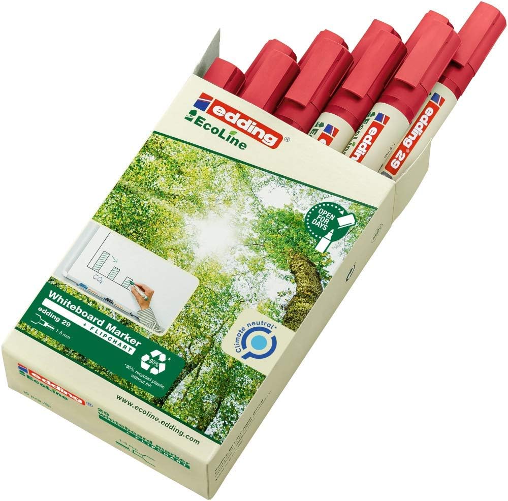 edding 29 Ecoline whiteboard marker - red - box of 10 whiteboard pens - chisel tip 1-5 mm - whiteboard pen dry wipe - for whiteboards, flipcharts, pinboards, memo boards - sketchnotes - refillable