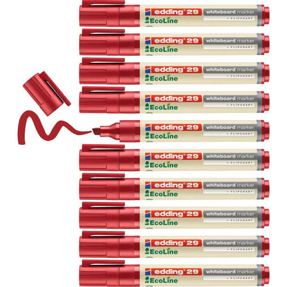 edding 29 Ecoline whiteboard marker - red - box of 10 whiteboard pens - chisel tip 1-5 mm - whiteboard pen dry wipe - for whiteboards, flipcharts, pinboards, memo boards - sketchnotes - refillable