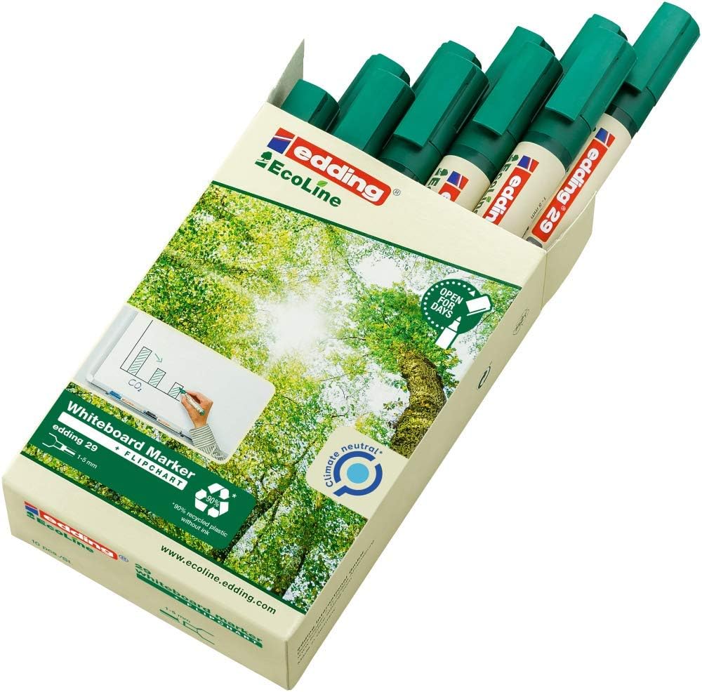 edding 29 Ecoline whiteboard marker - green - box of 10 whiteboard pens - chisel tip 1-5 mm - whiteboard pen dry wipe - for whiteboards, flipcharts, pinboards, memo boards - sketchnotes - refillable