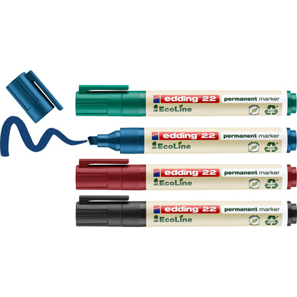 edding 22 EcoLine permanent marker set - black, red, blue, green - 4 pens - chisel nib 1-5 mm - waterproof, quick-drying, smear-proof pens - for cardboard, plastic, glass, wood, metal and fabric