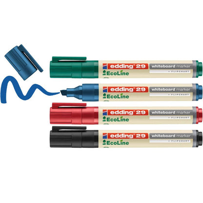 edding 29 EcoLine whiteboard marker - black, red, blue, green - set of 4 whiteboard pens - chisel nib 1-5 mm - whiteboard pen dry wipe - for whiteboards, flipcharts, memo boards - sketchnotes