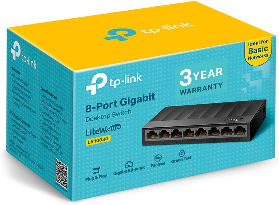 TP-Link LS1008G 8-Port Desktop/Wallmount Gigabit Ethernet Switch/Hub, Ethernet Splitter, Plug & Play, Desktop, Plastic Case