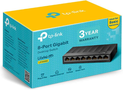TP-Link LS1008G 8-Port Desktop/Wallmount Gigabit Ethernet Switch/Hub, Ethernet Splitter, Plug & Play, Desktop, Plastic Case