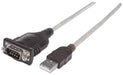 Manhattan USB-A to Serial Converter cable, 45cm, Male to Male, Serial/RS232/COM/DB9, Prolific PL-2303HXD Chip, Black/Silver cable, Polybag