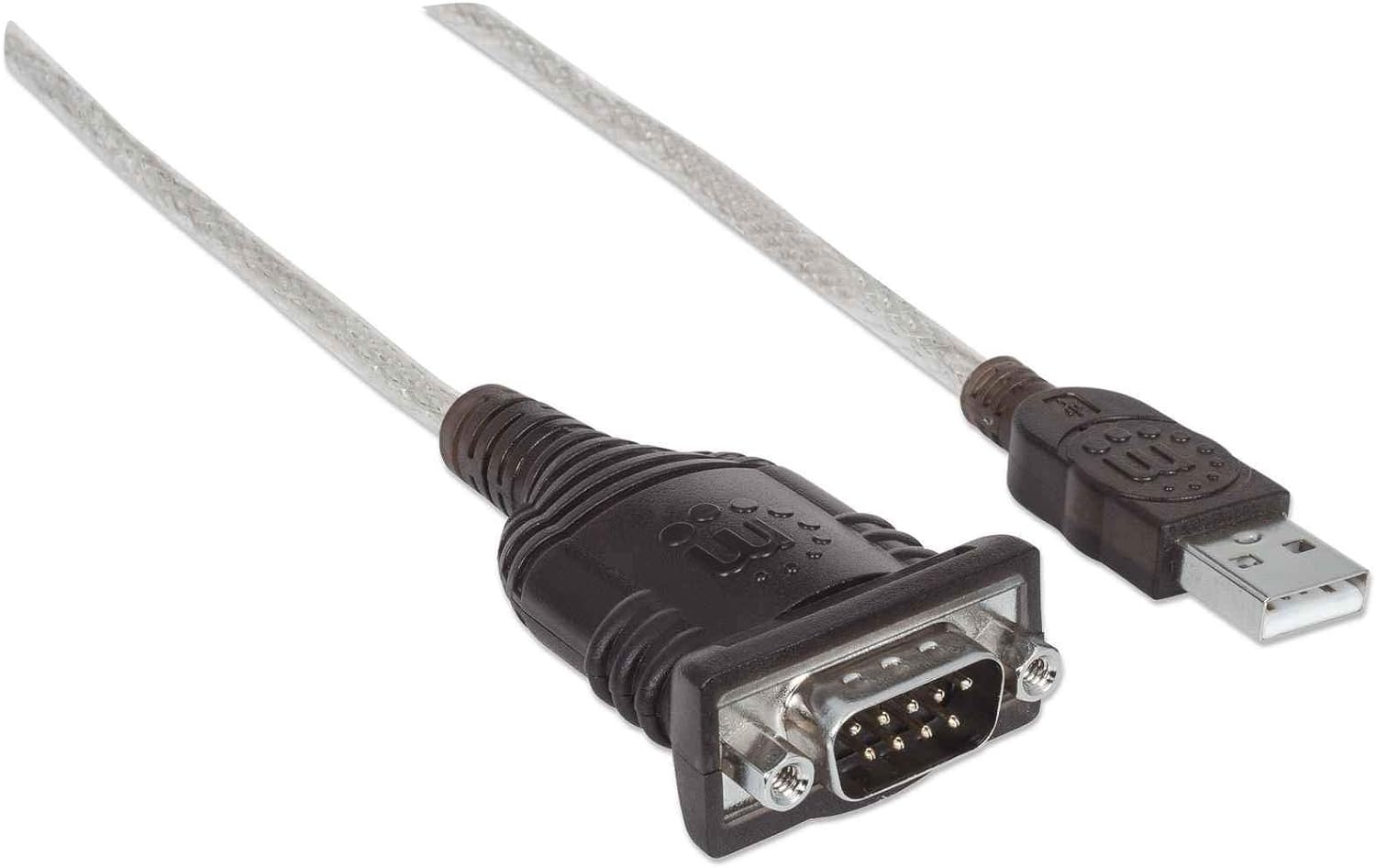 Manhattan USB-A to Serial Converter cable, 45cm, Male to Male, Serial/RS232/COM/DB9, Prolific PL-2303HXD Chip, Black/Silver cable, Polybag