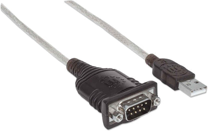 Manhattan USB-A to Serial Converter cable, 45cm, Male to Male, Serial/RS232/COM/DB9, Prolific PL-2303HXD Chip, Black/Silver cable, Polybag