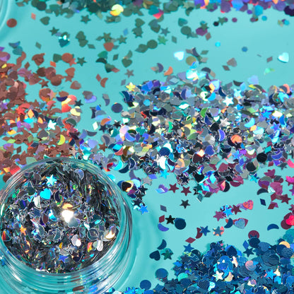 Smiffys Moon Glitter Holographic Glitter Shapes, Purple
