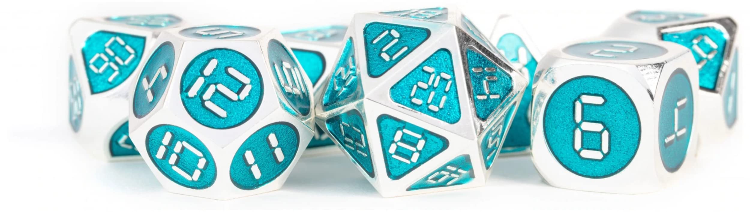 FanRoll by Metallic Dice Games 16mm Metal Polyhedral DND Dice Set: Silver w/ Teal Enamel, Role Playing Game Dice for Dungeons and Dragons Silver and Teal