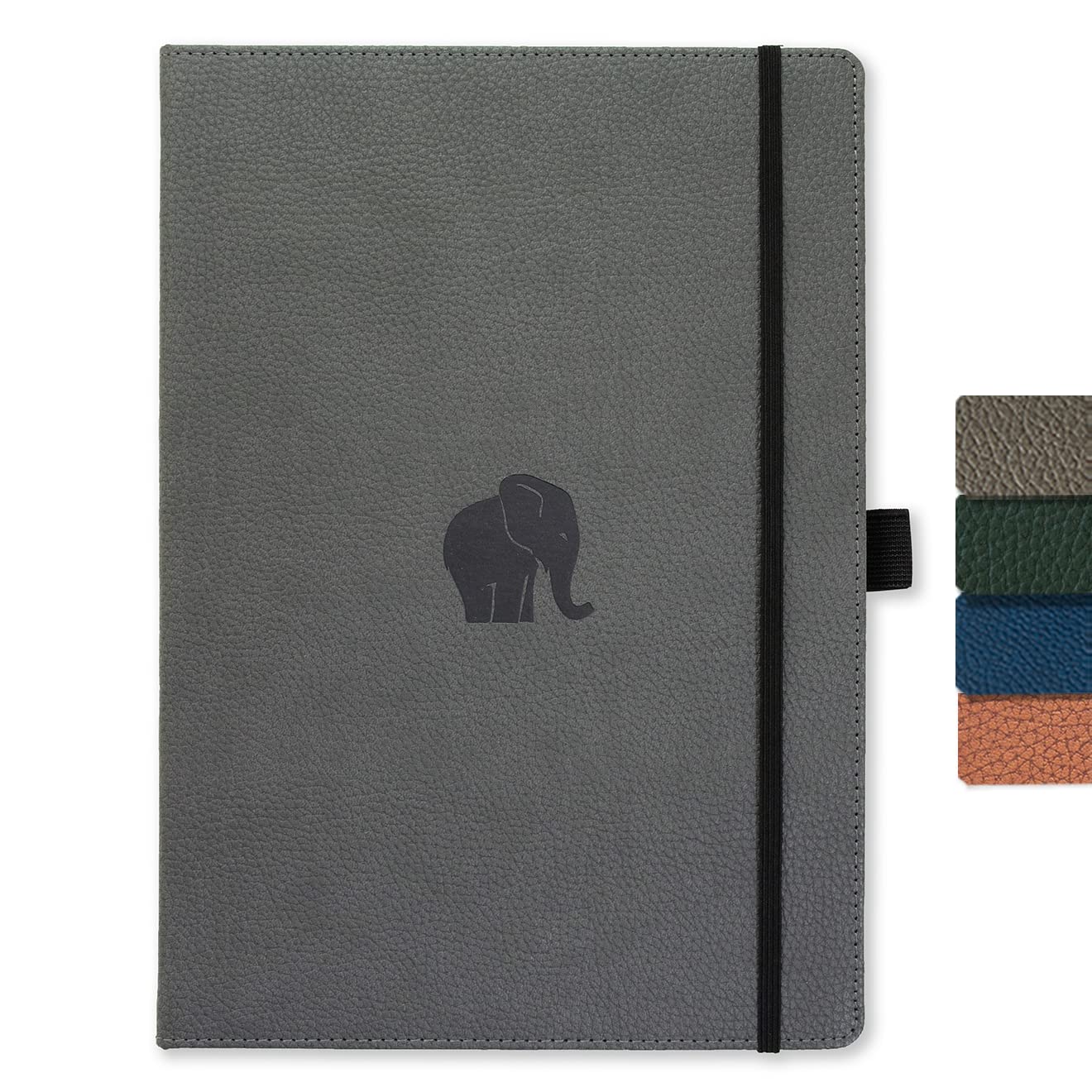 Dingbats - Wildlife Dotted Extra Large Notebook, Grey Elephant, A4 - Hardcover Notebook - PU Leather - Perforated, Cream 100gsm Ink-Proof Paper - Includes Elastic Closure, Pen Holder & Bookmark